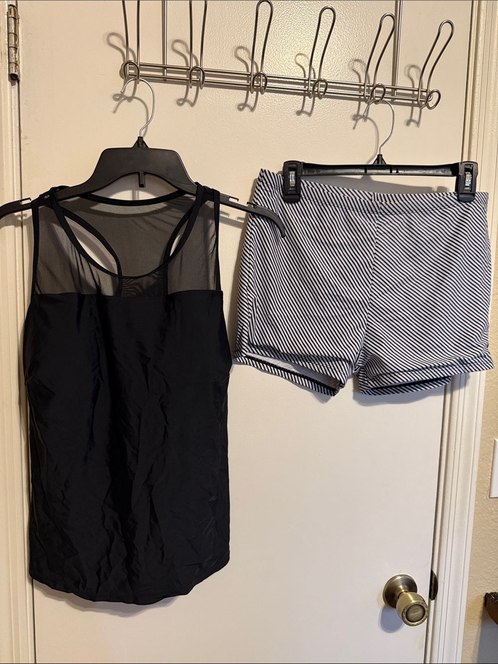 Women's Black Mesh Tank Bikini Top and Black Stripe Swim Shorts Set